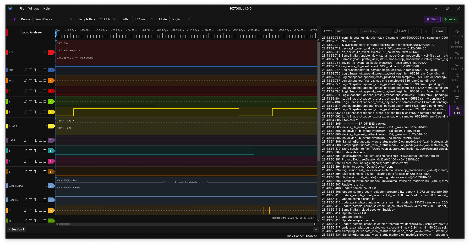 PXTOOL Analyzer log panel screenshot
