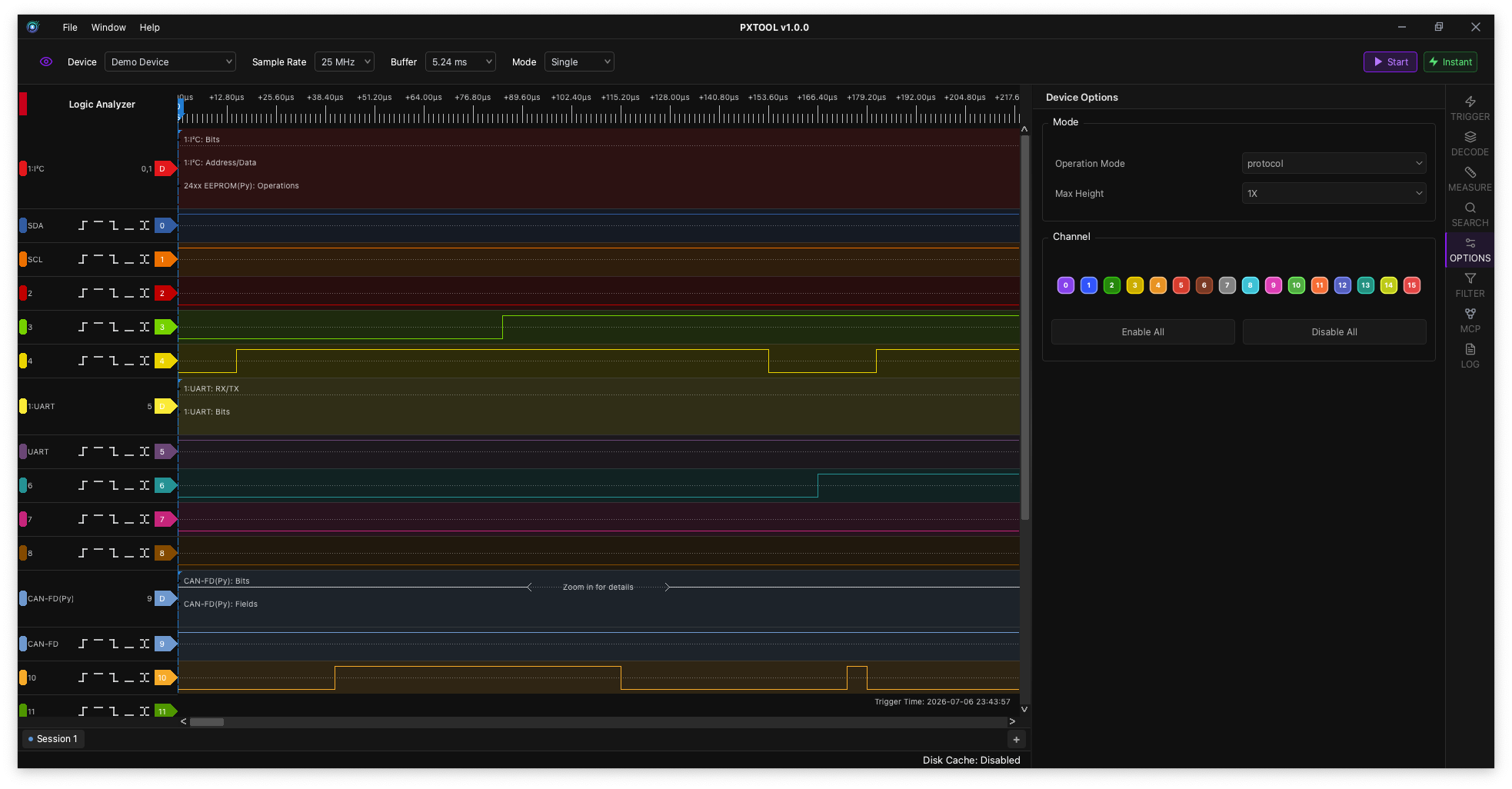 PXTOOL Analyzer options panel screenshot