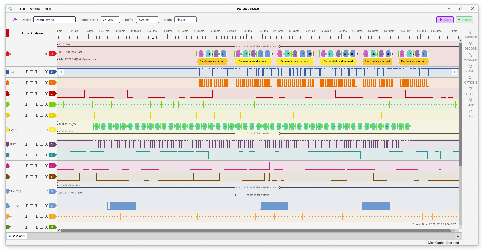 PXTOOL Analyzer light theme waveform and decoder screenshot
